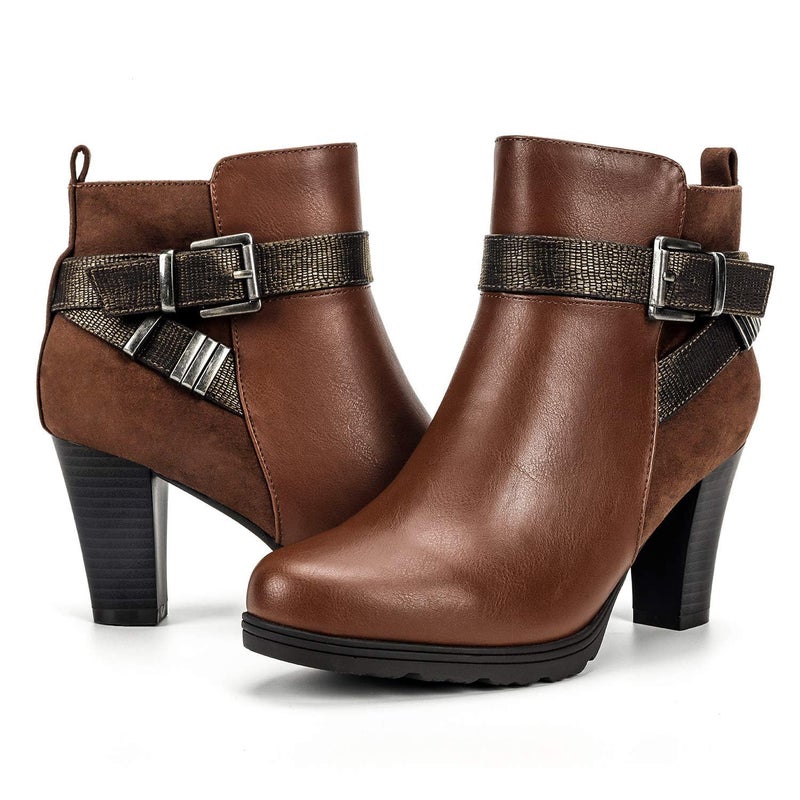 mysoft Women's Zipper Booties Chunky Stacked Heel Ankle Boots Buckle Strap Ankle - Image 1